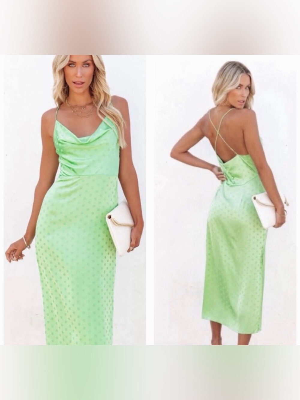 NWOT Vici Polka Dot Green Satin Midi Slip Dress Size Small